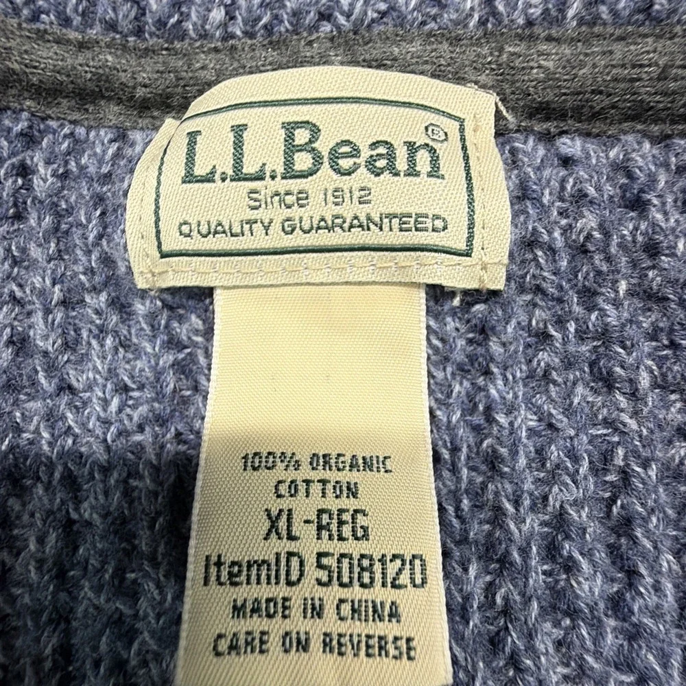 LL Bean Sweater Men's XL Blue Waffle Knit Quarter Zip Organic Cotton